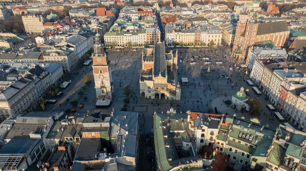 Aerial view of Rynek Główny in Krakow with the Sukiennice Cloth Hall and St Mary's Basilica