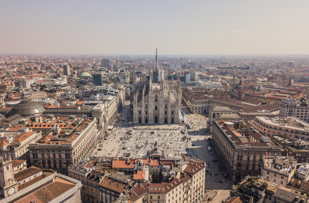 Aerial view of Milan Cathedral, Galleria Vittorio Emanuele II and Piazza del Duomo