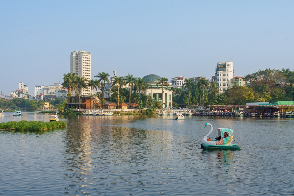 Truc Bach Lake in Hanoi with the city's houses along the shore