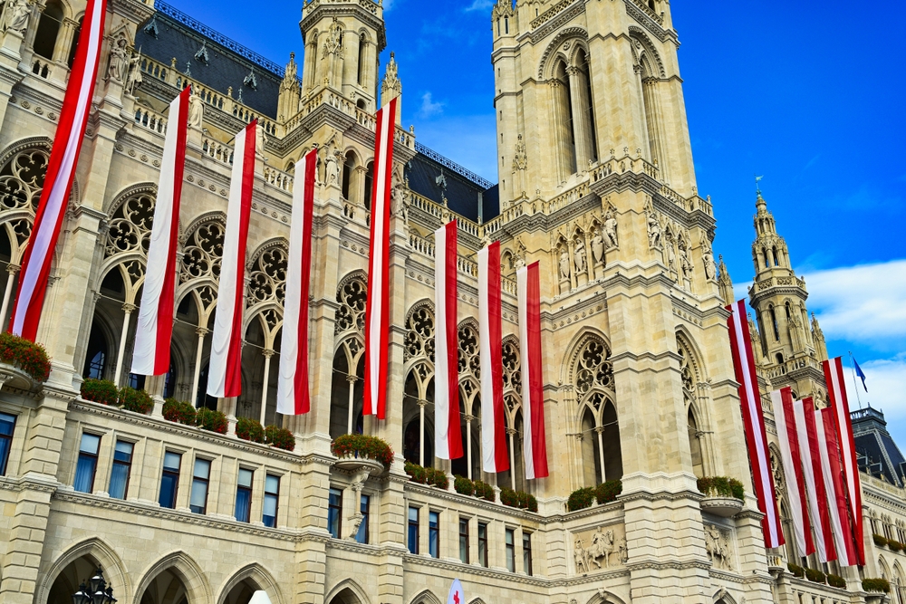 Vienna City Hall with Austrian flags