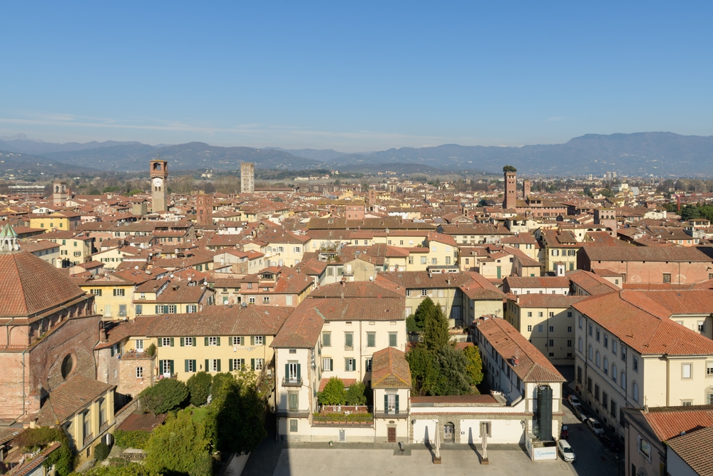 View over the rooftops of Lucca with the Torre Guinigi tower