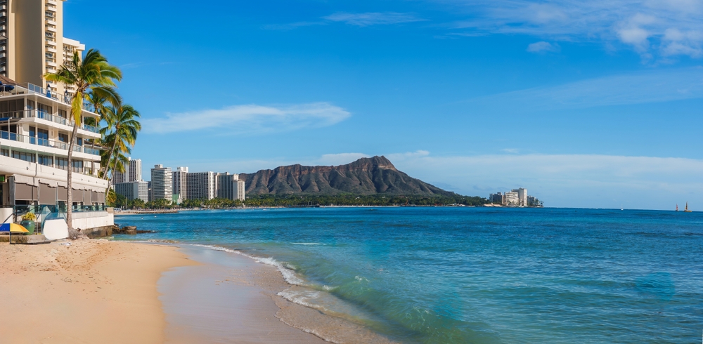 Waikiki Beach with palm trees, hotels and Diamond Head in the background