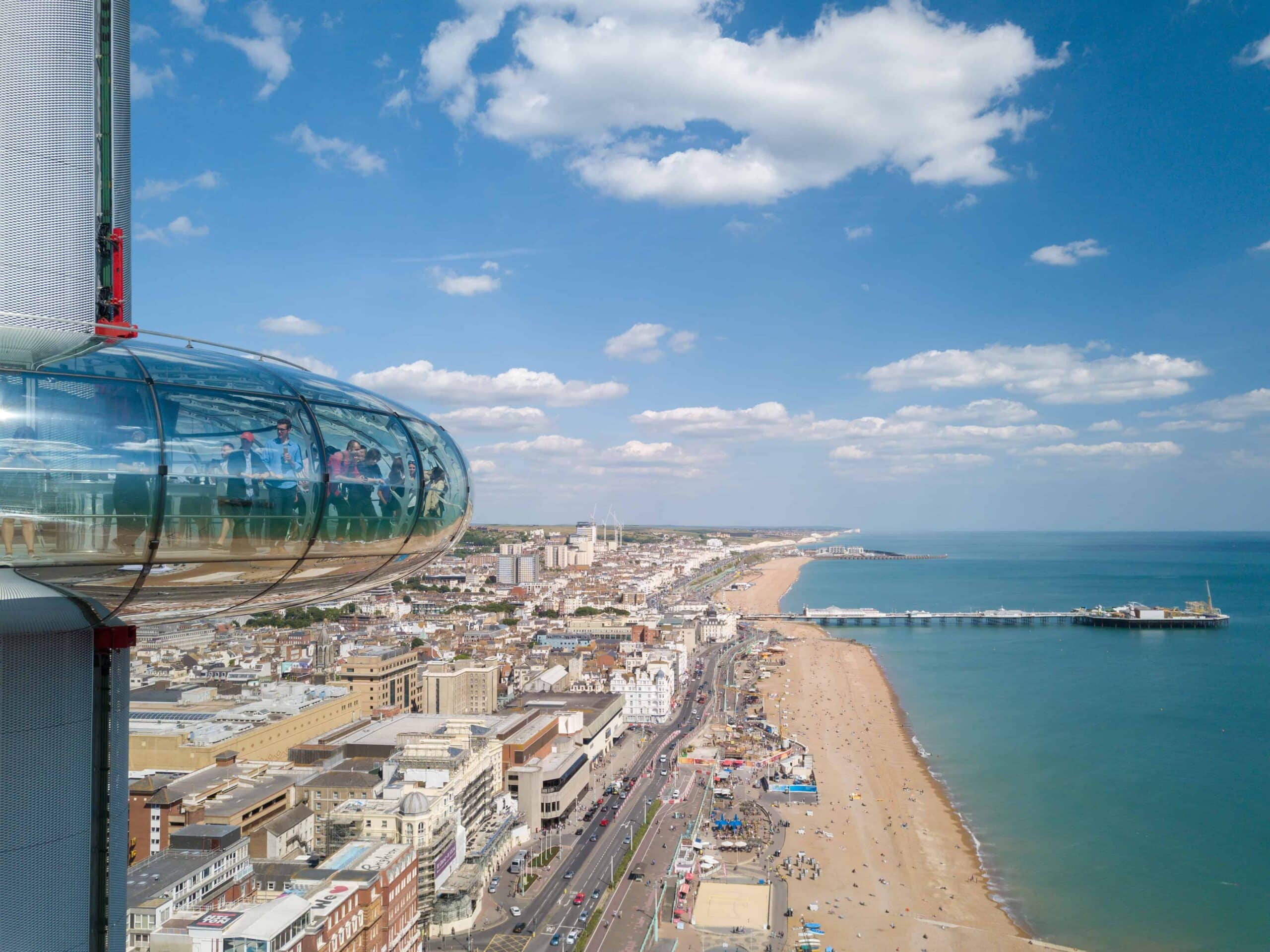 Aerial view of Brighton with the i360 tower and the seafront