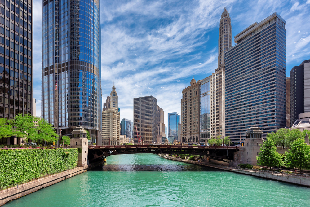 The Chicago skyline and the Chicago River on a sunny summer day