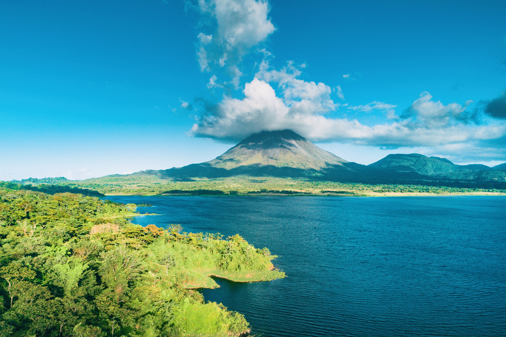 Aerial view of Arenal Volcano and the rainforest near La Fortuna in Costa Rica
