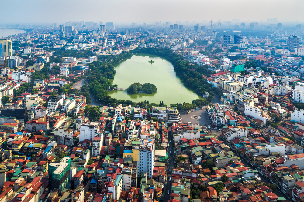 Aerial view of Hoan Kiem Lake and central Hanoi