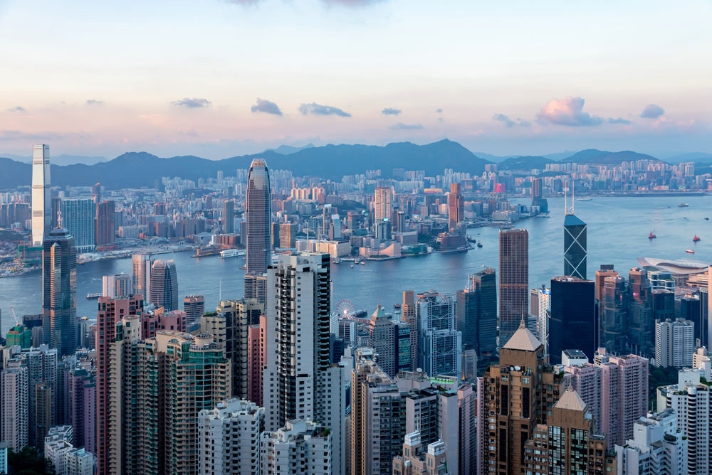 Hong Kong skyline at sunset seen from Victoria Peak