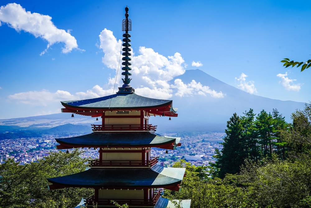 The Chureito Pagoda with Mount Fuji in the background near Fujiyoshida in Japan