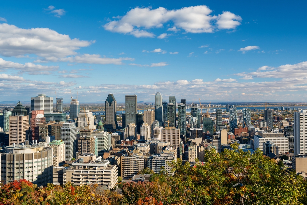 Montreal skyline in autumn colours seen from the Kondiaronk lookout on Mount Royal