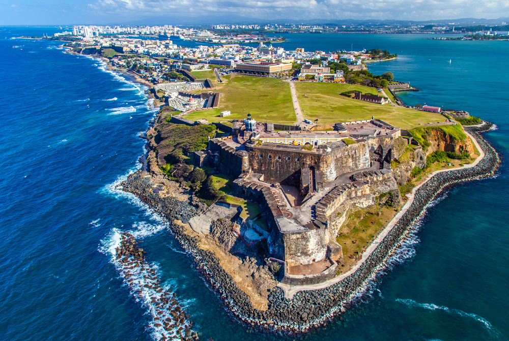 Aerial view of the El Morro fortress at the entrance to San Juan Bay in Puerto Rico