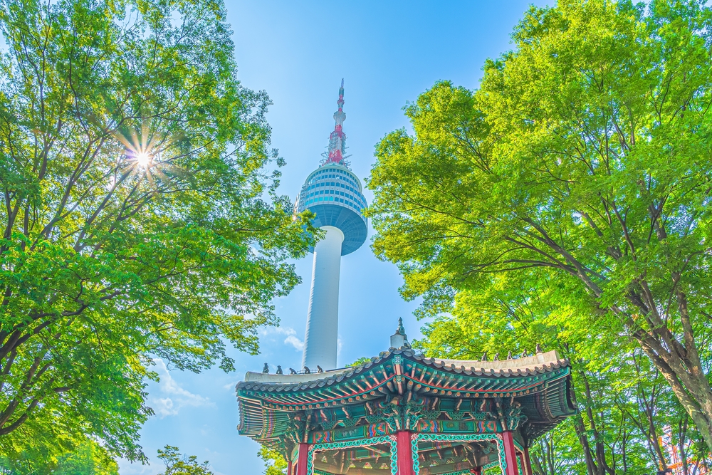 N Seoul Tower on Namsan and a traditional pavilion in Seoul