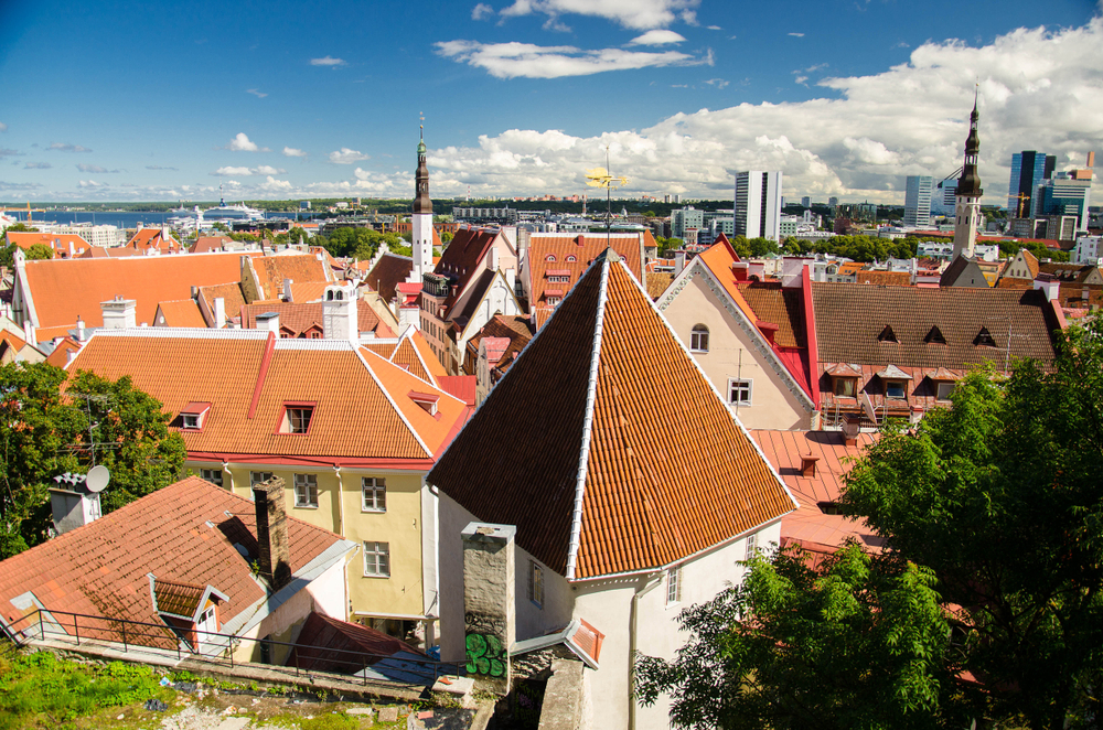 View over the red rooftops and church towers of the Old Town in Tallinn from Kohtuotsa