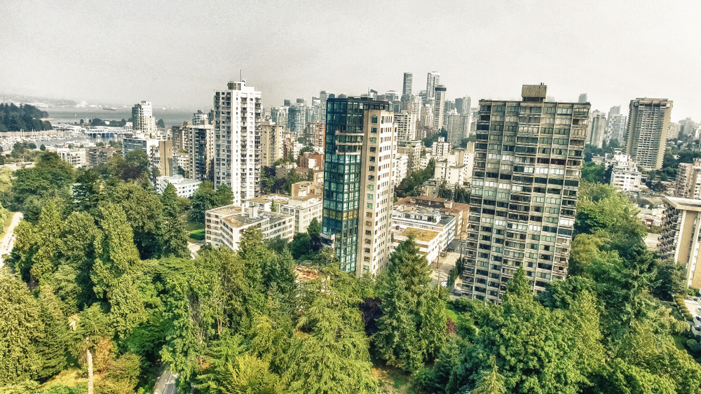 Aerial view of the Vancouver skyline over Stanley Park