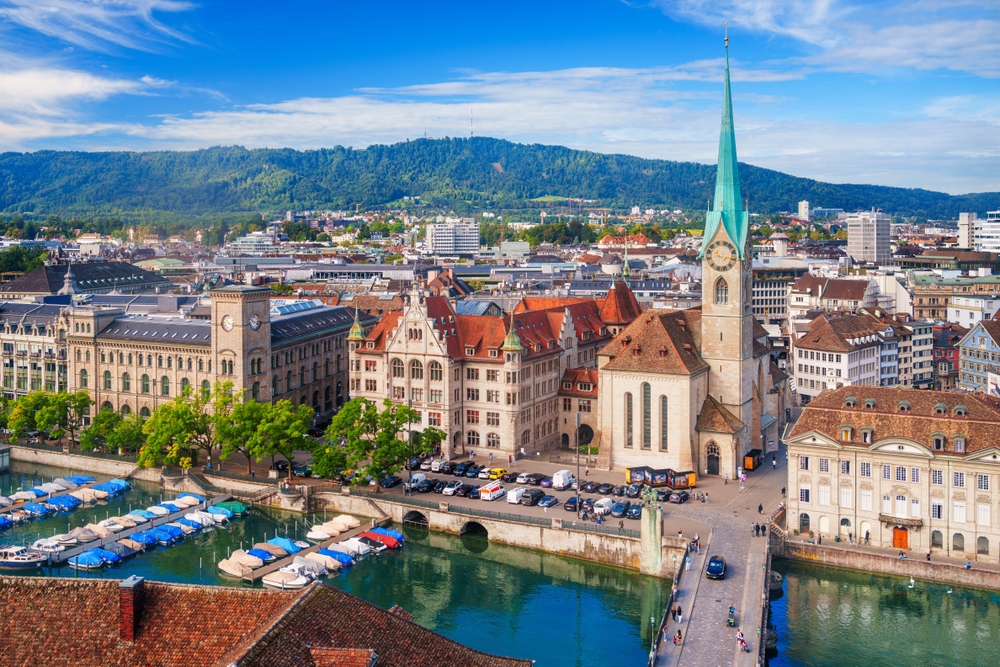 The historic centre of Zurich on the River Limmat on a sunny day