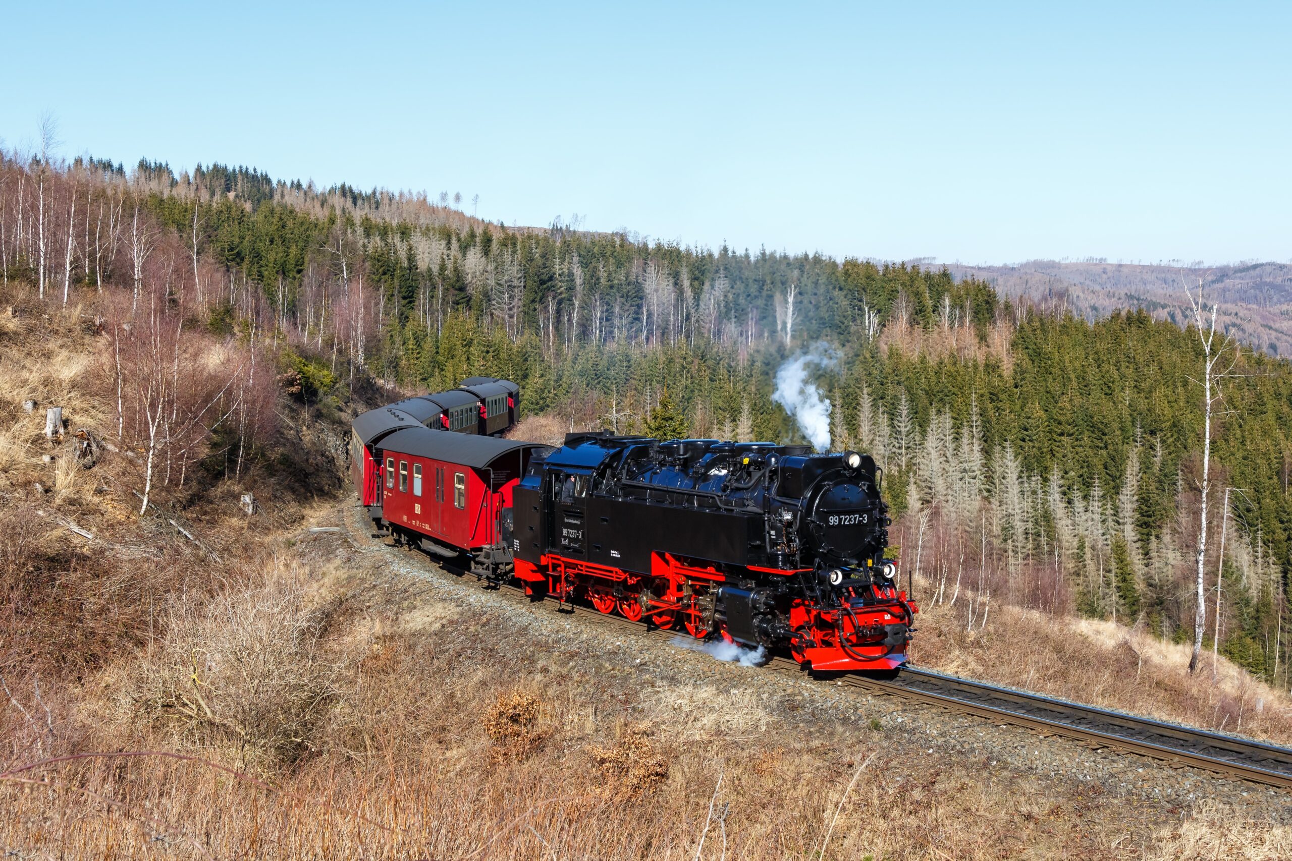 Steam train on the Brockenbahn at Drei Annen Hohne in the Harz
