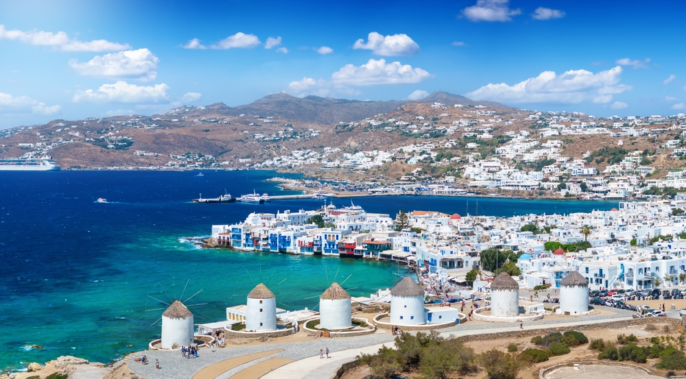 View through the windmills over Mykonos Town and Little Venice