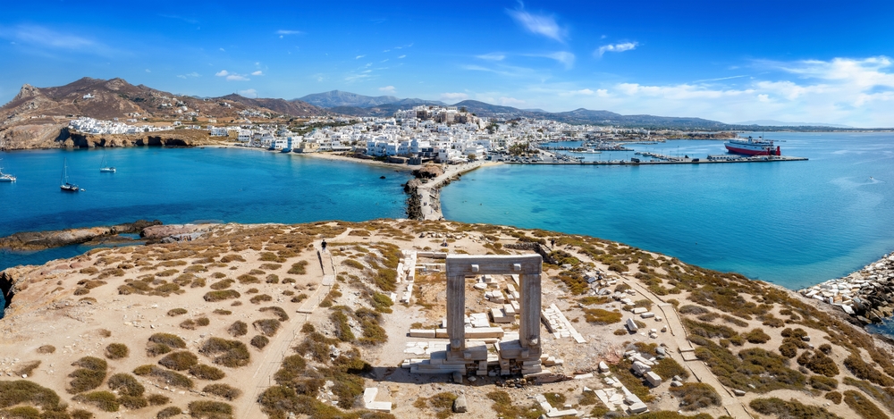 Aerial view of Portara on Naxos with the town and harbour in the background