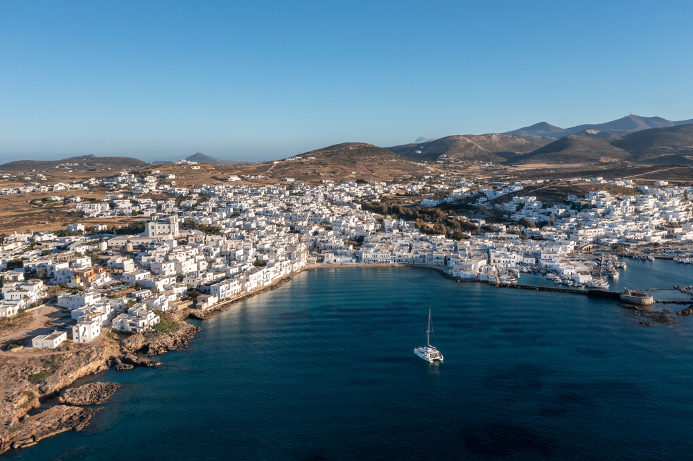 Aerial view of Naoussa and its harbour on Paros