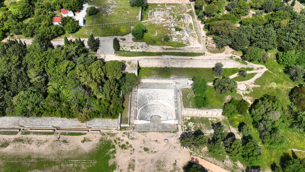 Aerial view of the acropolis on Monte Smith in Rhodes Town with the theatre and stadium