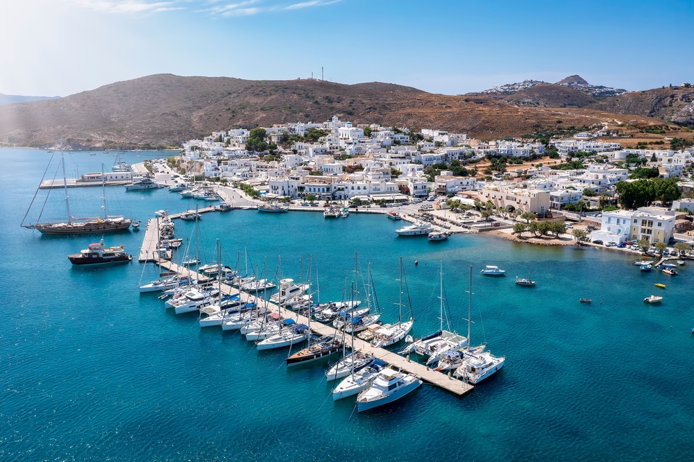 Aerial view of the port town of Adamas on Milos