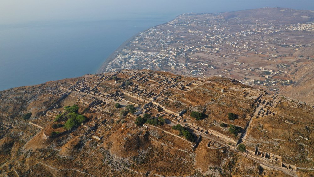 Aerial view of the Ancient Thera archaeological site on the mountain