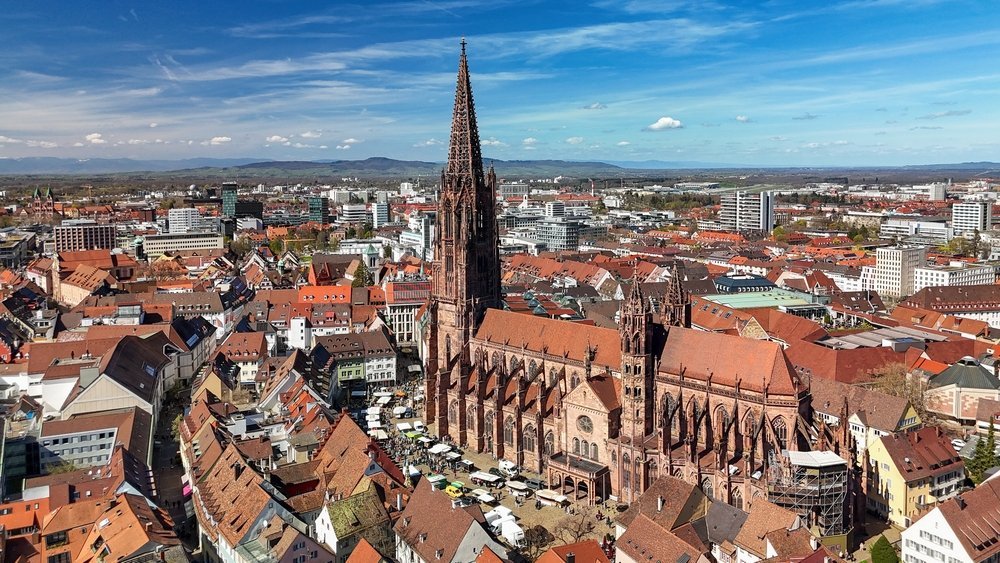 Aerial view of Freiburg's Old Town with the Freiburger Münster cathedral