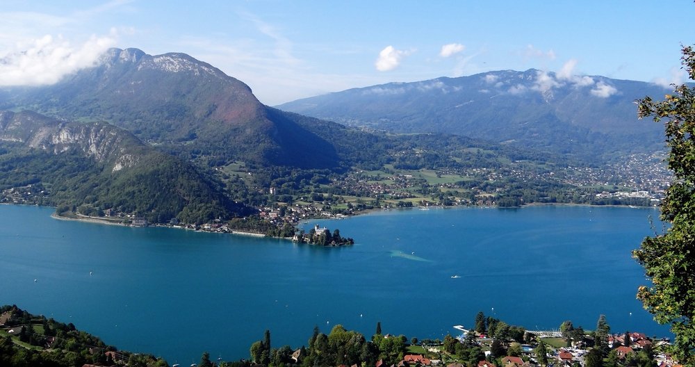 Aerial view of Lake Annecy at Talloires on the lake's eastern shore