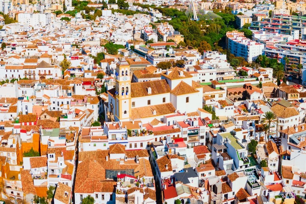 Aerial view of Marbella's Old Town with white houses and the Iglesia de la Encarnación church