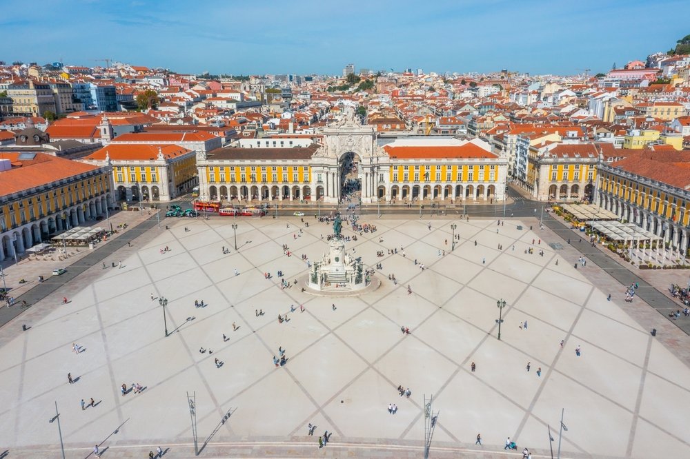 Aerial view of Praça do Comércio by the River Tagus in Lisbon