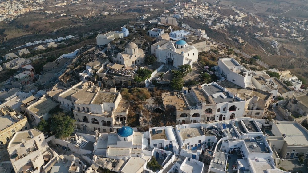 aerial view of Pyrgos and the castle on the hill