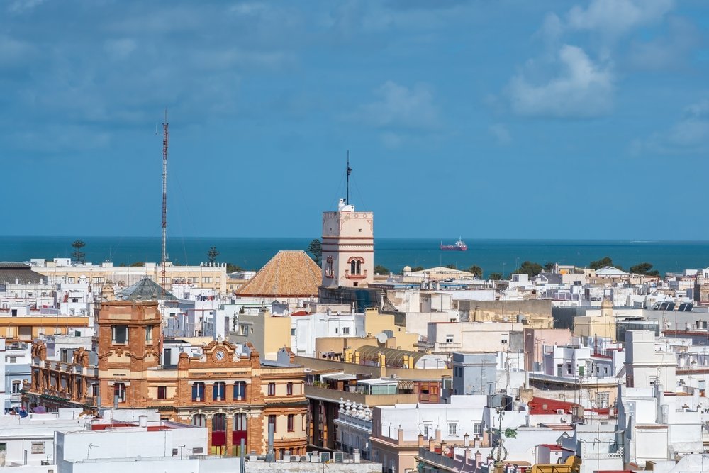 Aerial view of the rooftops of the Old Town in Cádiz with the Torre Tavira watchtower