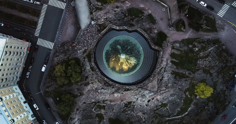 Aerial view of Temppeliaukio Rock Church in Töölö