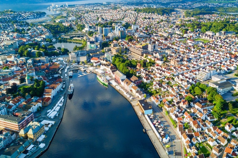 Aerial view of Vågen harbour and the Old Town in Stavanger