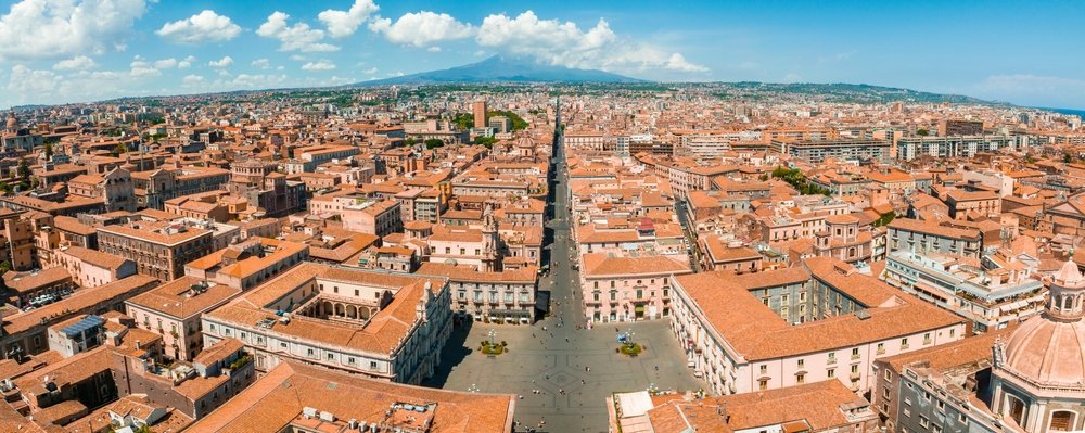 Aerial view of Via Etnea in Catania with Etna at the end of the street