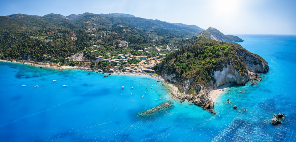 Aerial view of the small village of Agios Nikitas and its beach in Lefkada