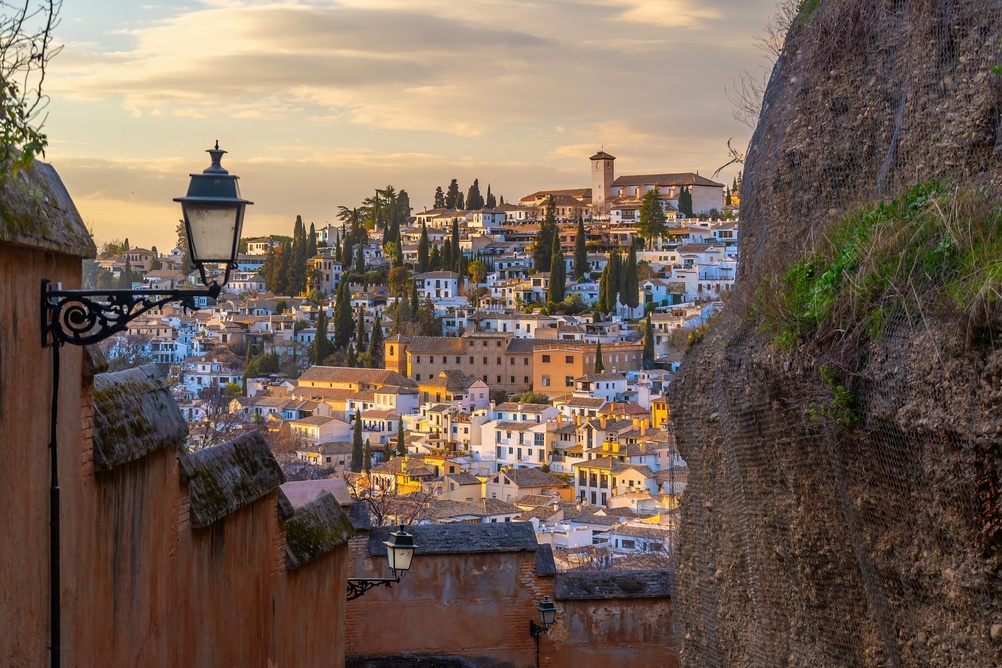The historic Albaicín neighbourhood seen from above with views out over Granada