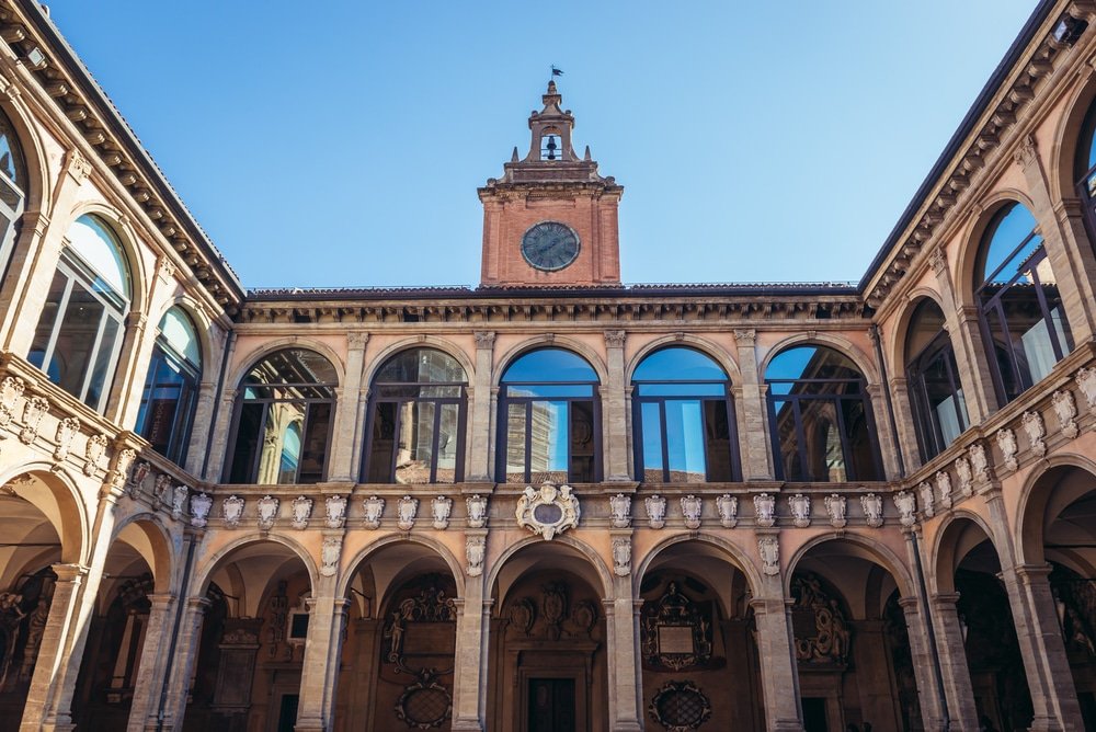 The arcaded courtyard of Palazzo dell'Archiginnasio in Bologna