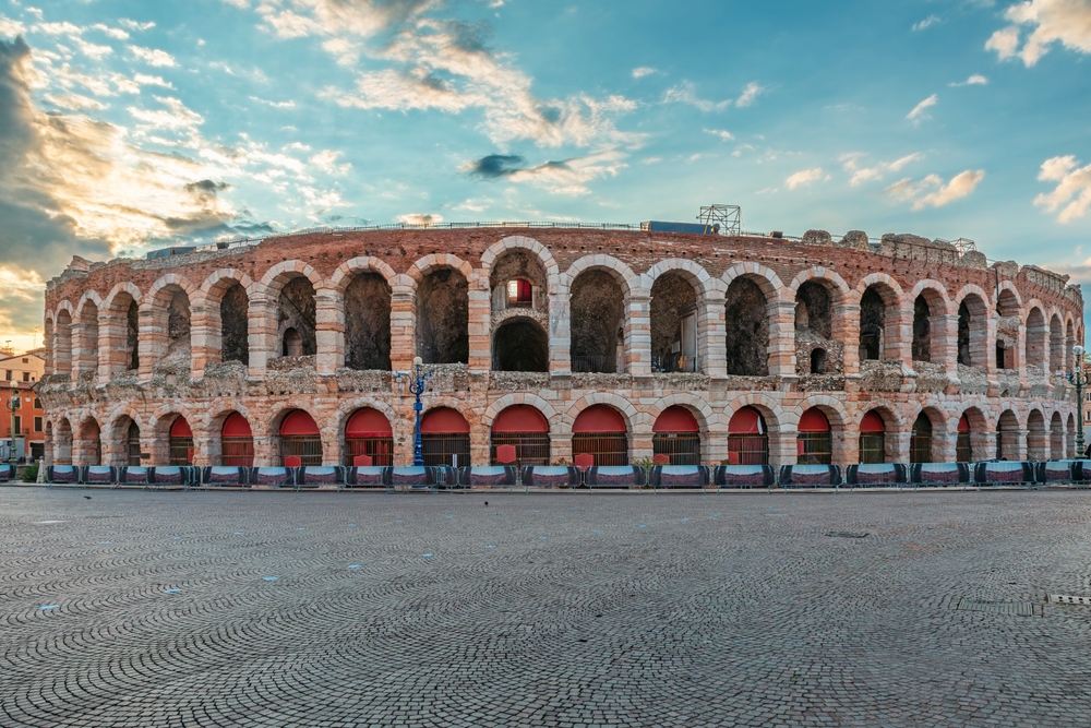 The Roman amphitheatre Arena di Verona on Piazza Bra at sunrise