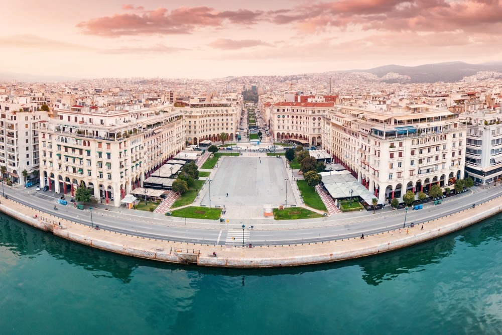 Aerial view of Aristotelous Square in Thessaloniki, the city's grand square leading down to the sea
