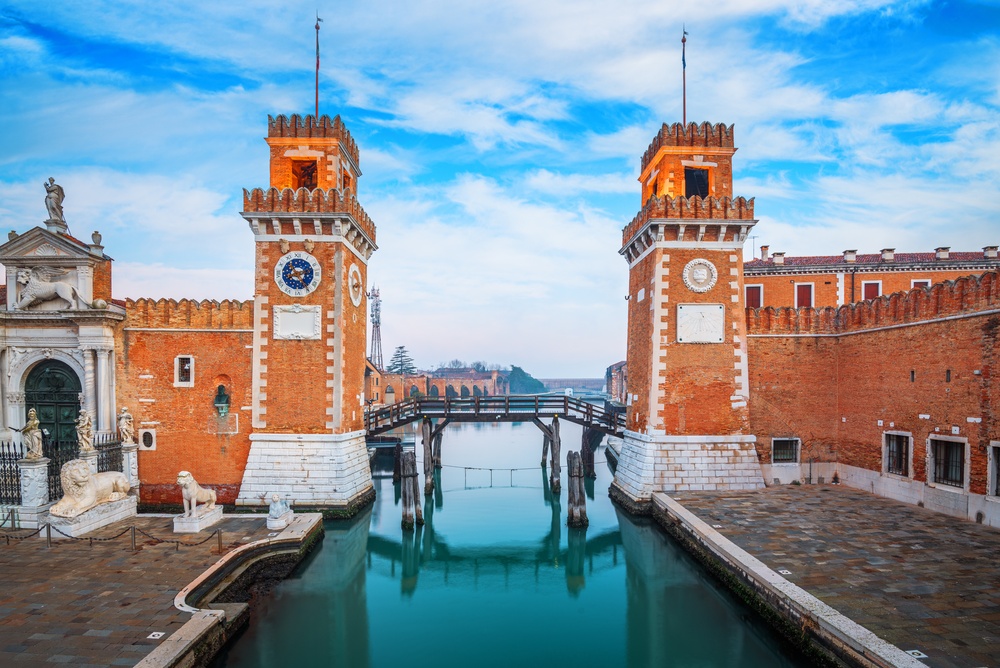 The entrance to the Arsenale in Castello in Venice in the morning