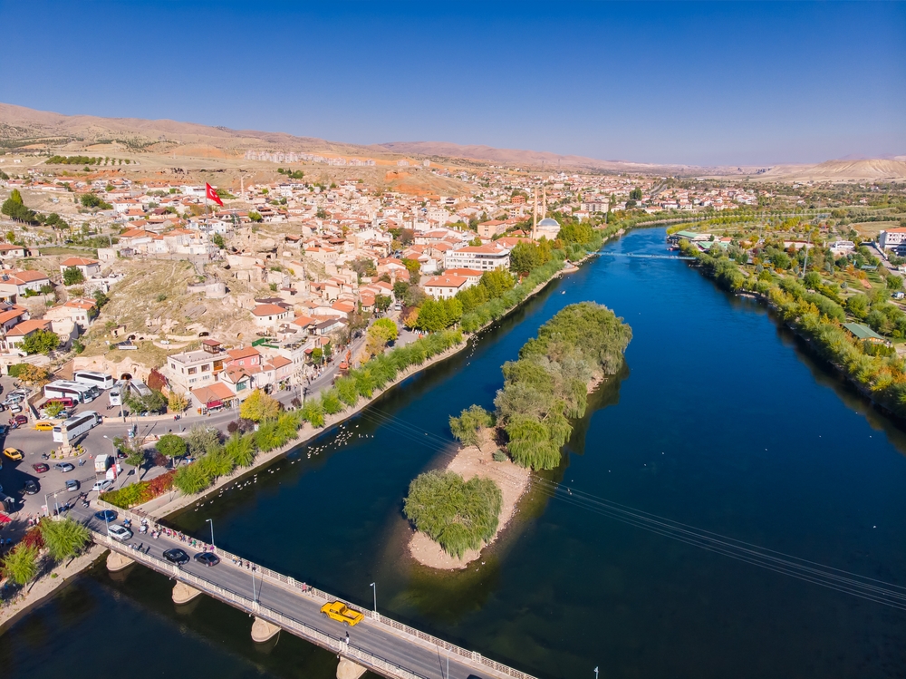 Aerial view of Avanos and the Kızılırmak river in Cappadocia