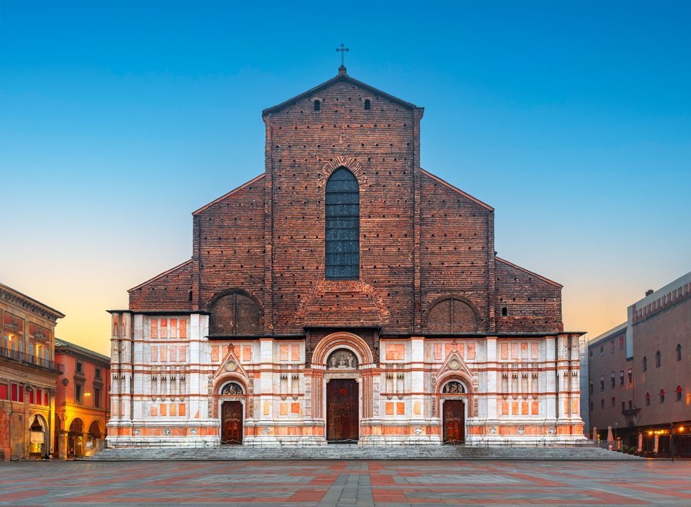 Basilica di San Petronio with its unfinished façade on Piazza Maggiore in Bologna