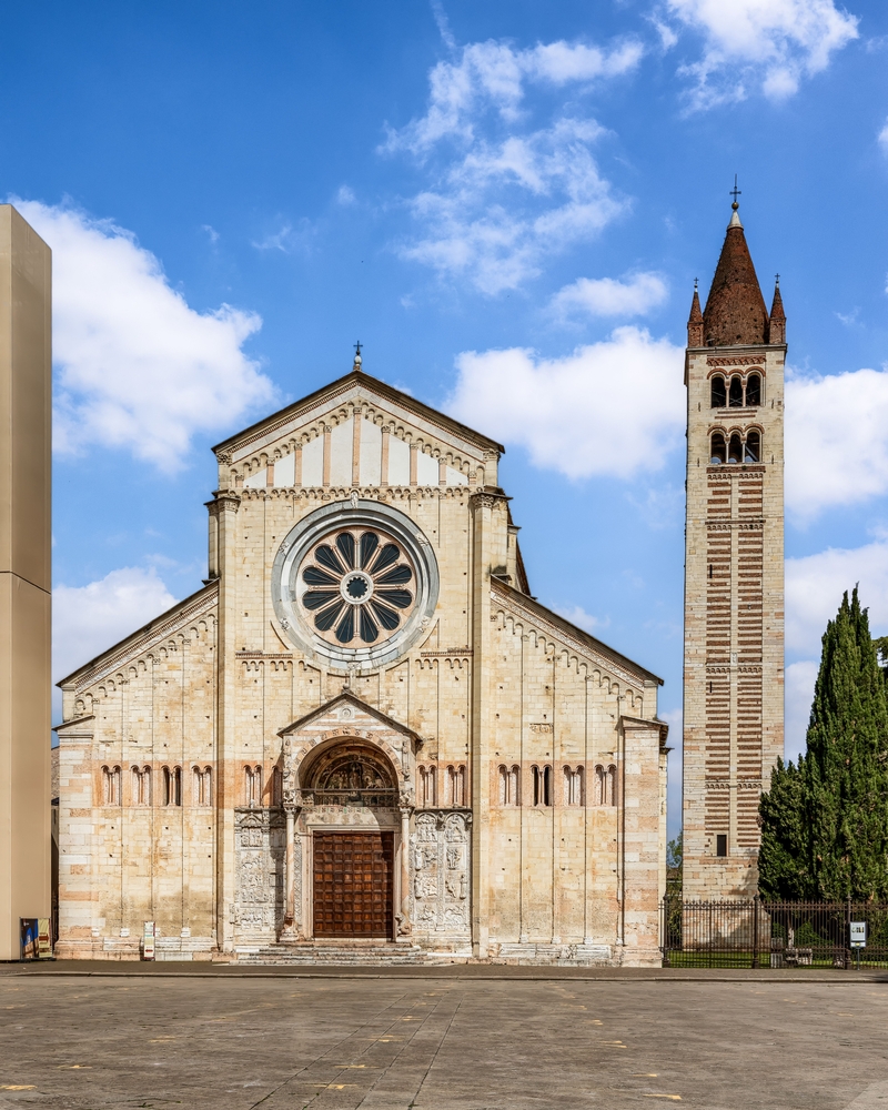 The façade of the Basilica di San Zeno in the San Zeno neighbourhood of Verona