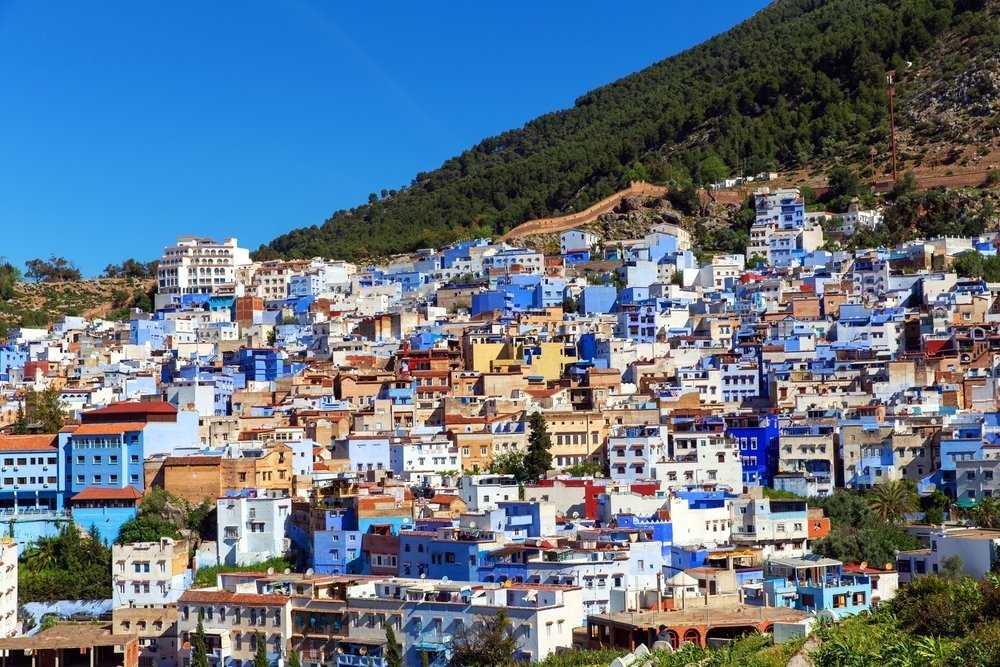 The blue houses of Chefchaouen on the hillside in the Rif Mountains
