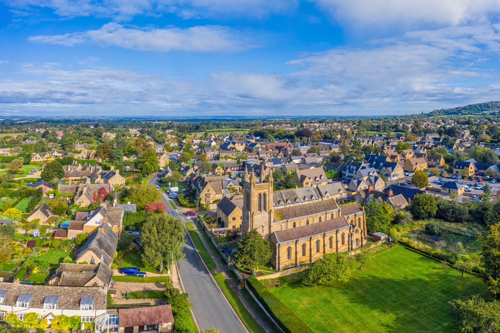 Aerial view of the village of Broadway in the Cotswolds