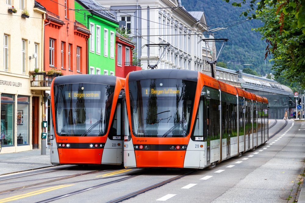 The Bybanen light rail in Kaigaten by Byparken, where line 1 starts towards the airport