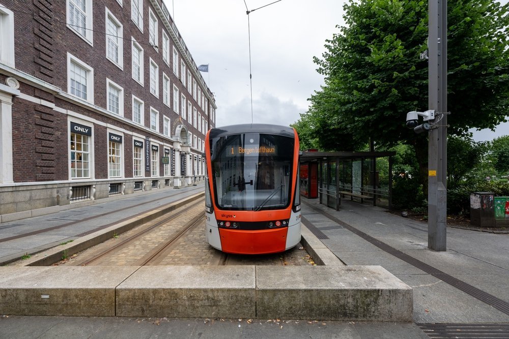 Bybanen Line 1 bound for Bergen Airport at the Byparken stop in the city centre