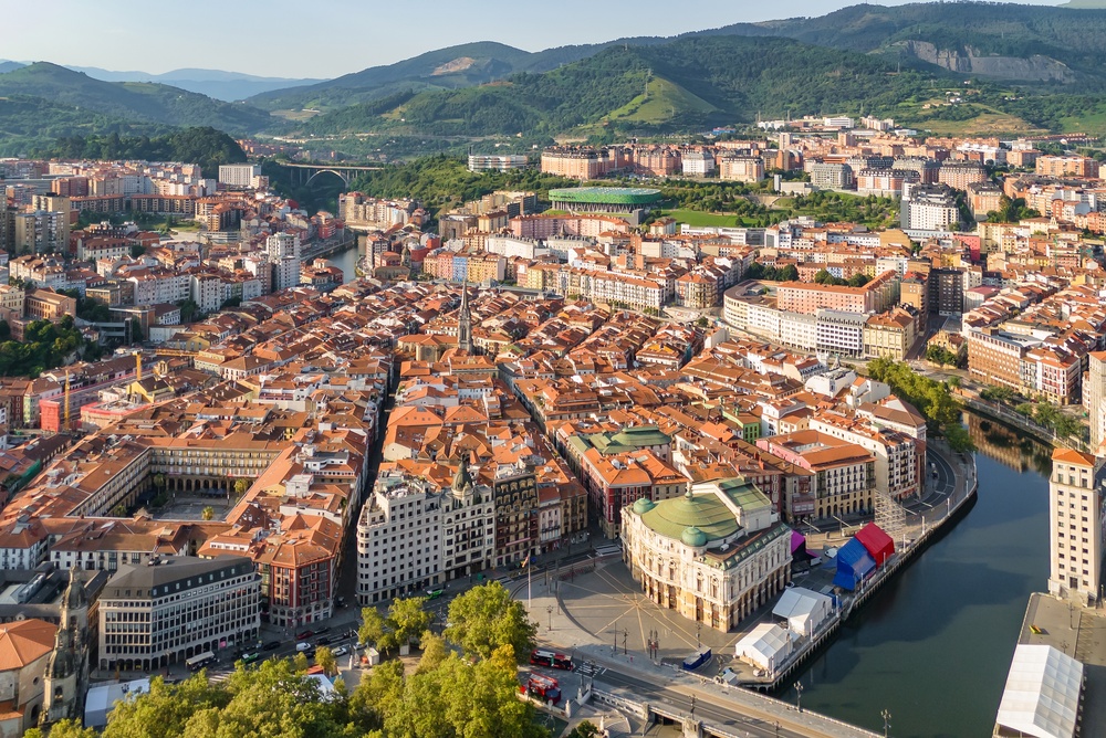 Aerial view of the Old Town, Casco Viejo, in Bilbao with red tiled roofs