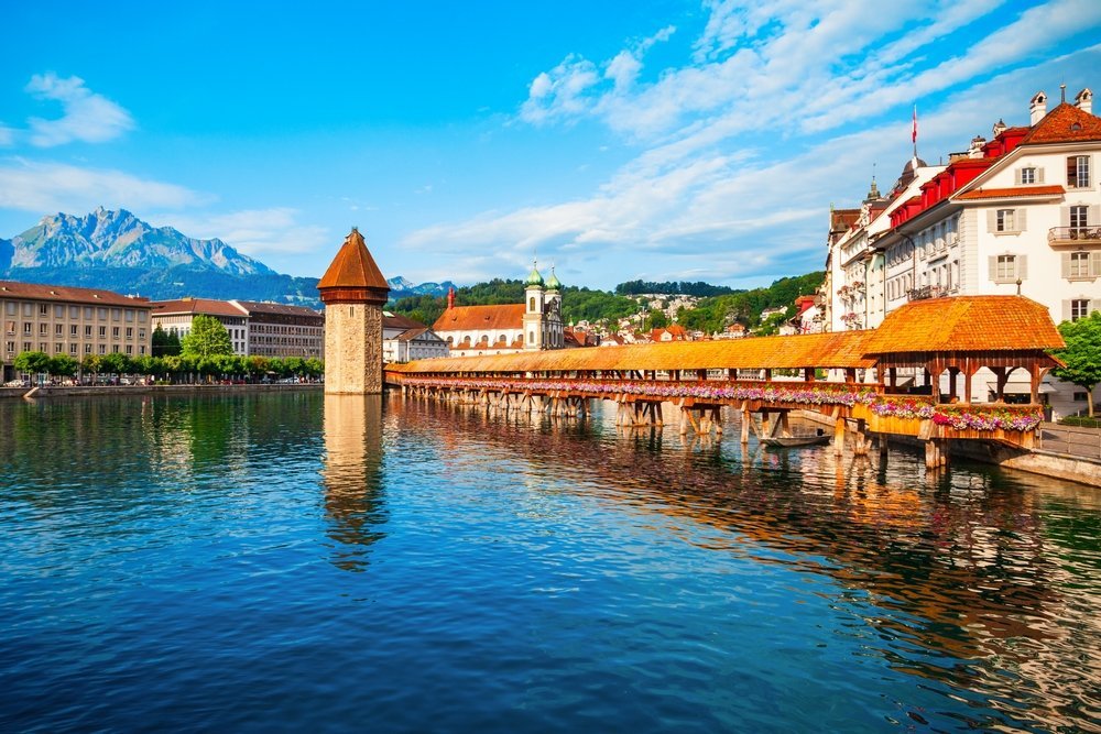 The Chapel Bridge and Water Tower over the River Reuss in Lucerne