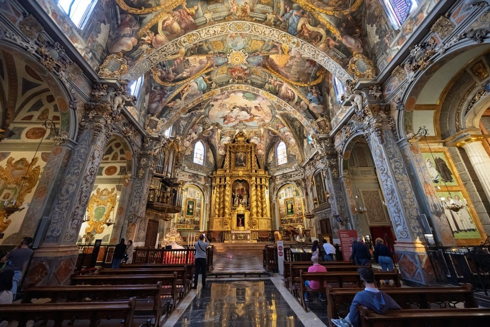 The church's Baroque ceiling frescoes from inside